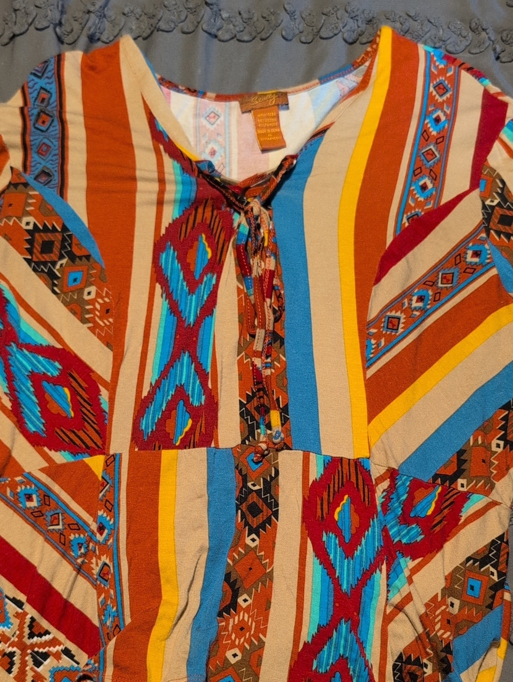 Boho Stripe Aztec Print Tie-Front Blouse - Multi